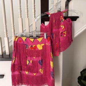 Versace Pink and Yellow Heart Fringe Skirt Set